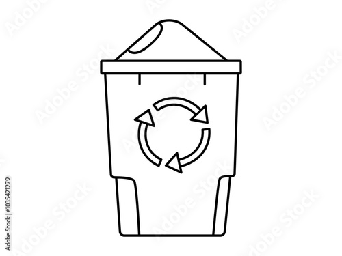 Hand drawn cute outline illustration of green garbage can with wheel. Flat vector recycling trash bin, environmental pollution line art doodle style. Ecology sticker, icon. Waste sorting. Isolated.