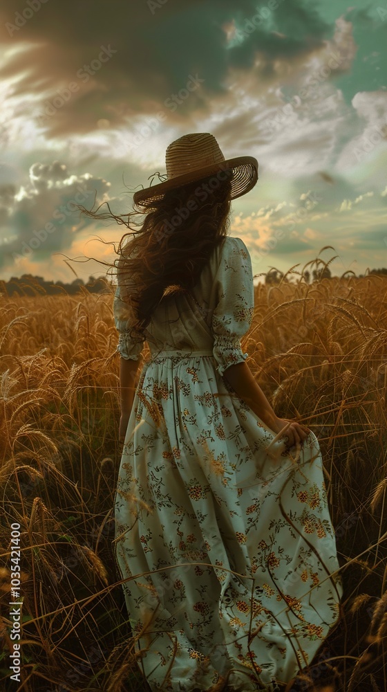 Fototapeta premium Woman in a Wheat Field at Sunset