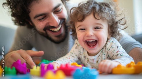  parent and a young child playing with toys together, both laughing and interacting, on a simple