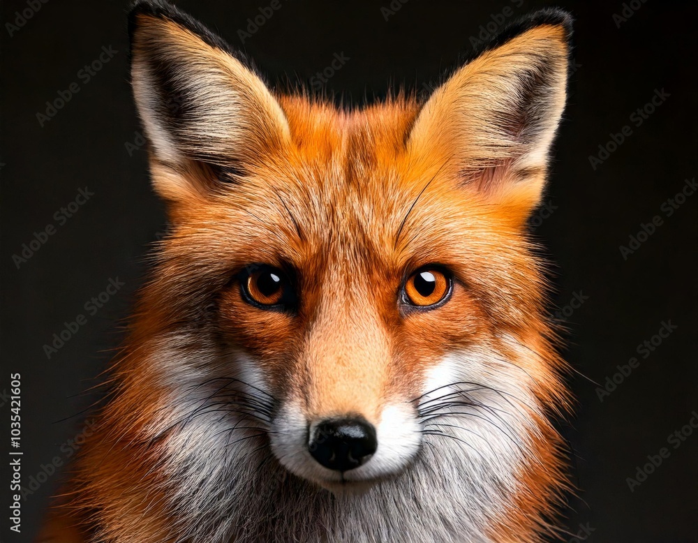 A portrait of a young red fox standing on a black background, showcasing its cute features and wild nature A portrait of a young red fox standing on a black background, showcasing its cute features and wild nature