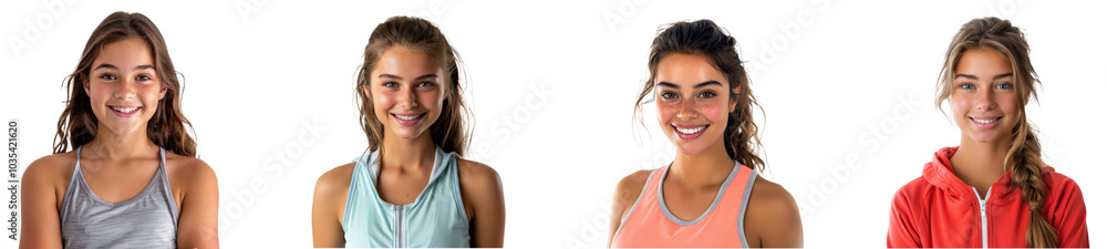 Smiling young women showcasing athletic wear in a studio setting. Set of png on transparent background