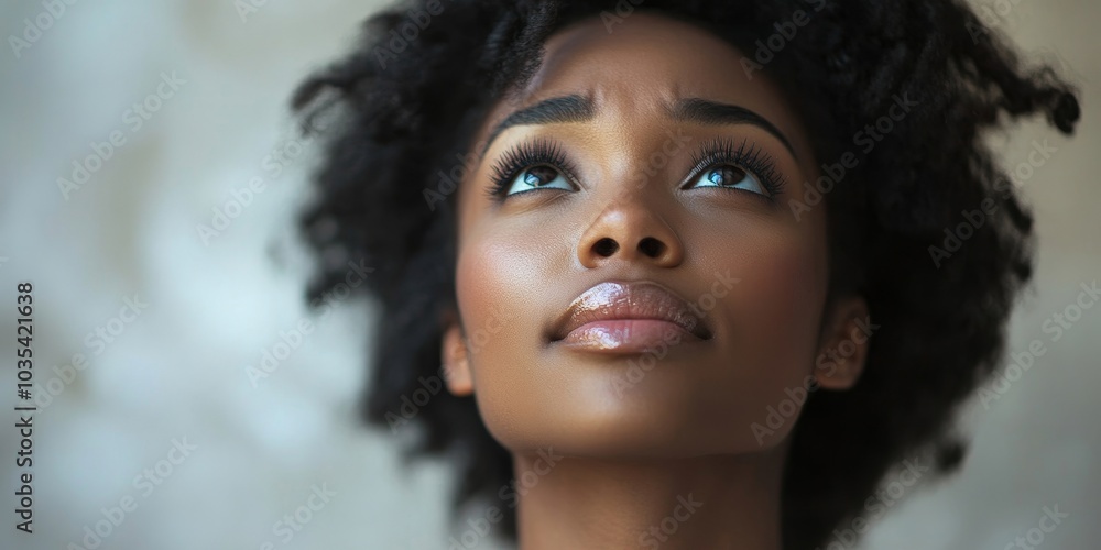 Touched by His Grace. Close-up of a beautiful young man looking up with tears in her eyes. Christian concept, Generative AI Touched by His Grace. Close-up of a beautiful young man looking up with tears in her eyes. Christian concept, Generative AI