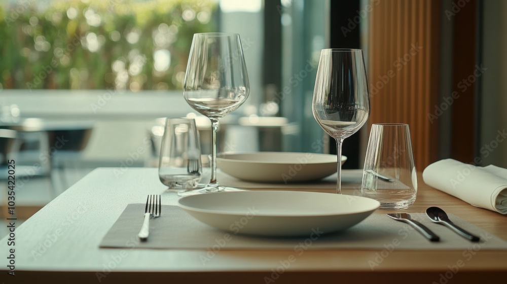 minimalist dining set with sleek plates, silverware, and glassware arranged on a clean minimalist dining set with sleek plates, silverware, and glassware arranged on a clean