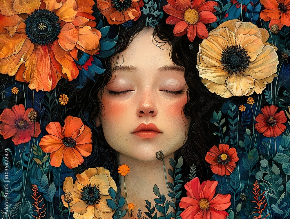 Woman Surrounded by Flowers: A Dreamy Portrait Woman Surrounded by Flowers: A Dreamy Portrait