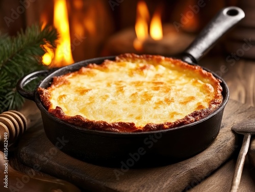 Traditional Southern cornbread baked in a cast-iron skillet, featuring a golden crispy crust, served warm near a cozy fireplace, perfect for comforting meals.