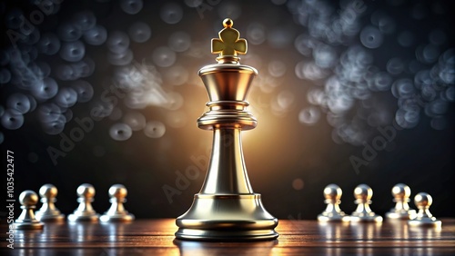 Low Angle King chess pieces on a chessboard with strategy icons