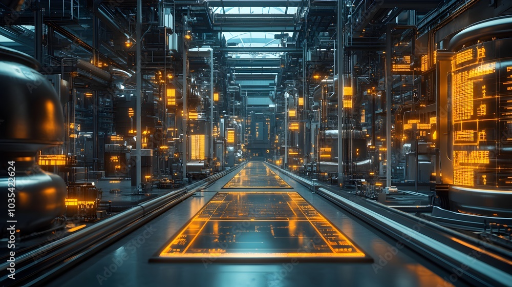 Futuristic and High Tech Interior of an Advanced Industrial Factory Showcasing Automation and Engineering Prowess Futuristic and High Tech Interior of an Advanced Industrial Factory Showcasing Automation and Engineering Prowess