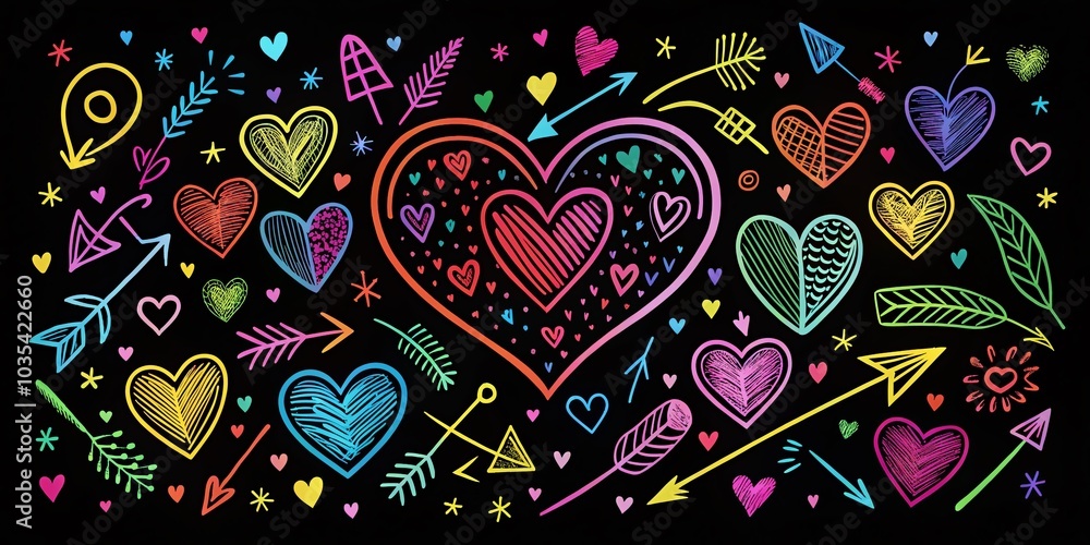 Fototapeta premium Hand-Drawn Heart and Arrows Icons for Valentine's Day in Doodle Style