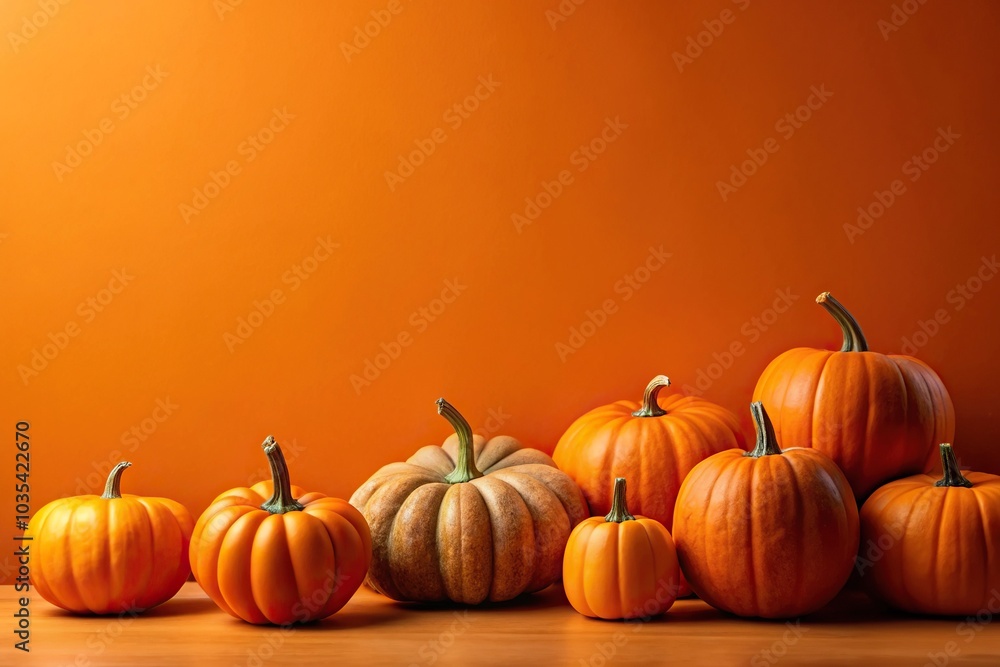 Low angle modern autumn wallpaper with pumpkins on orange background Low angle modern autumn wallpaper with pumpkins on orange background