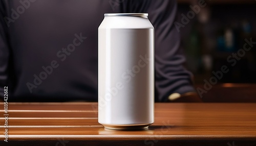 a blank beverage can on a table that can be designed neutral background