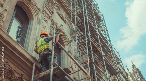 A construction worker assembling scaffolding around a historical building for restoration work, Restoration scaffolding scene, Historical preservation style