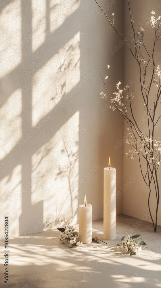 An empty scene featuring blank mockup template (framed by tall candles casting long shadows and intricate flowers scattered gently around the surface), An empty scene featuring blank mockup template (framed by tall candles casting long shadows and intricate flowers scattered gently around the surface),