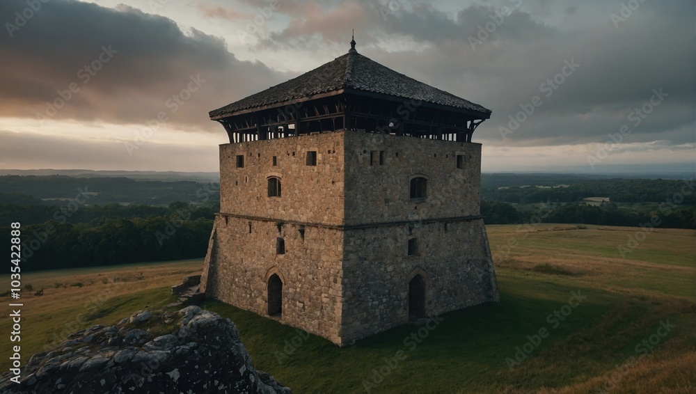 A majestic archer tower overlooks the battlefield from above A majestic archer tower overlooks the battlefield from above