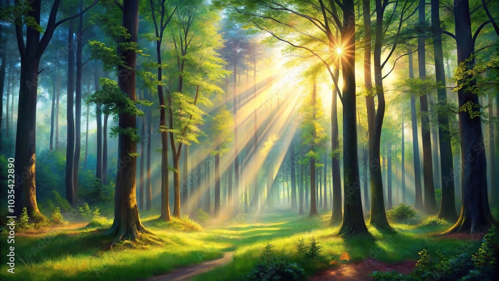 Low angle painting of forest scene with sunlight streaming through trees and sun shining through canopy Low angle painting of forest scene with sunlight streaming through trees and sun shining through canopy