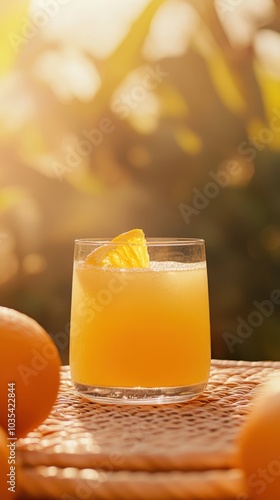 Ground level angle view, wicker surface with blurred orange grove and soft morning light, highlighting a glass of fresh-squeezed orange juice, ad promo template, juice branding, citrus decor photo