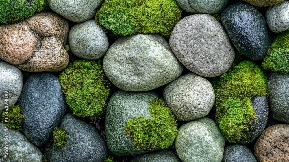 Moss-covered stones form a smooth pattern. Moss-covered stones form a smooth pattern.