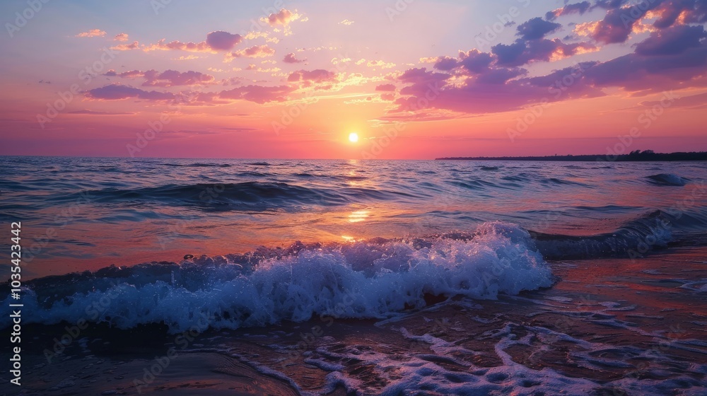 Sunrise over a serene lake, gentle waves and colorful sky Sunrise over a serene lake, gentle waves and colorful sky
