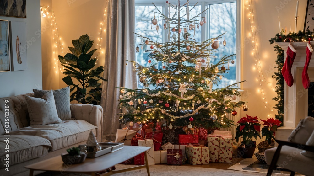 Living Room Classical Luxury Interior With Christmas Tree Ornaments Gift Boxes for new year Living Room Classical Luxury Interior With Christmas Tree Ornaments Gift Boxes for new year