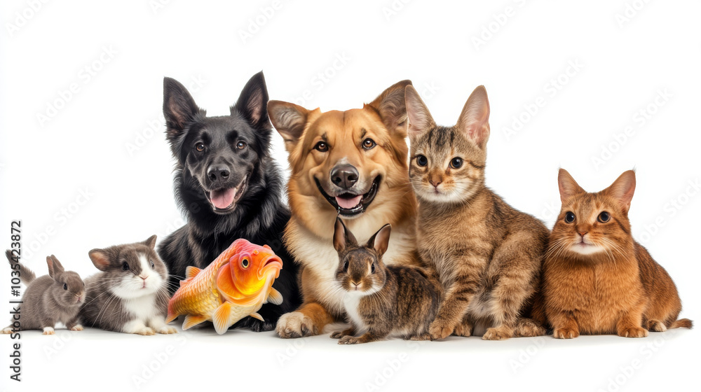 A group of pets posing together, including a dog, cat, ferret, rabbit, bird, fish, and rodent, all isolated on a white background.
A group of pets posing together, including a dog, cat, ferret, rabbit, bird, fish, and rodent, all isolated on a white background.