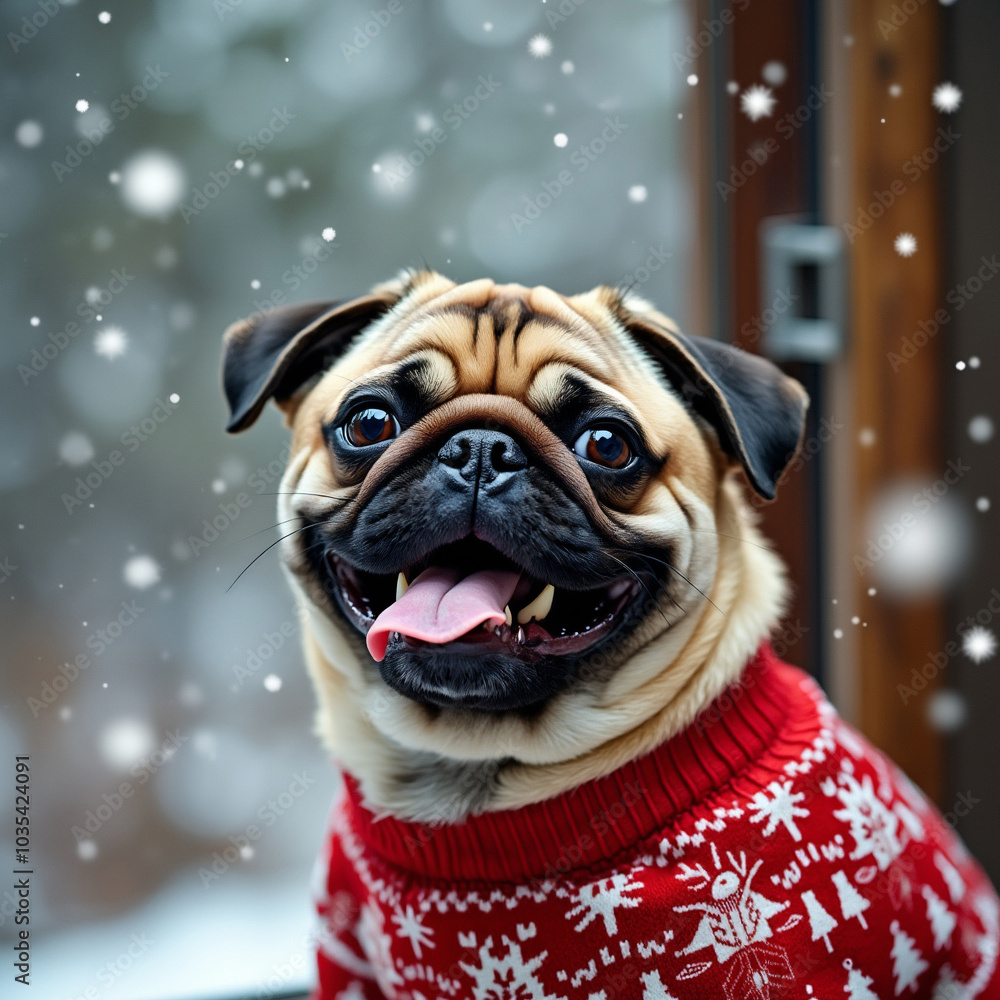 A cheerful pug wears a festive red sweater adorned with white snowflakes, enjoying a snowy scene near a windo A cheerful pug wears a festive red sweater adorned with white snowflakes, enjoying a snowy scene near a windo