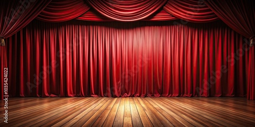 Low angle theater stage with curtain and wooden floor