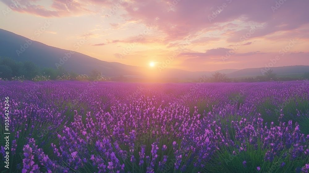 Fototapeta premium Sunset over a lavender field in mountains.