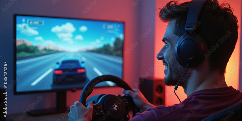 Gamer playing a car racing simulation at home with a steering wheel controller and having fun, e-sports and gaming industry Gamer playing a car racing simulation at home with a steering wheel controller and having fun, e-sports and gaming industry