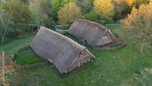 Aerial View of Traditional Thatched-Roof Houses