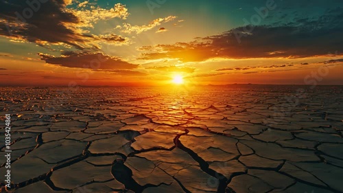 The setting sun casts an orange glow over a cracked, dry earth
