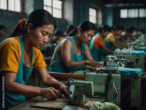 Tired workers concentrating on sewing tasks in a sweatshop environment during the day.