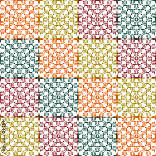 Pattern with crochet granny square with flowers wallpaper handmade decorative art design print	
