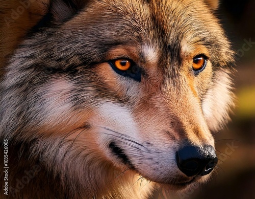 A striking portrait of a gray wolf, showcasing its wild, majestic features and captivating gaze photo