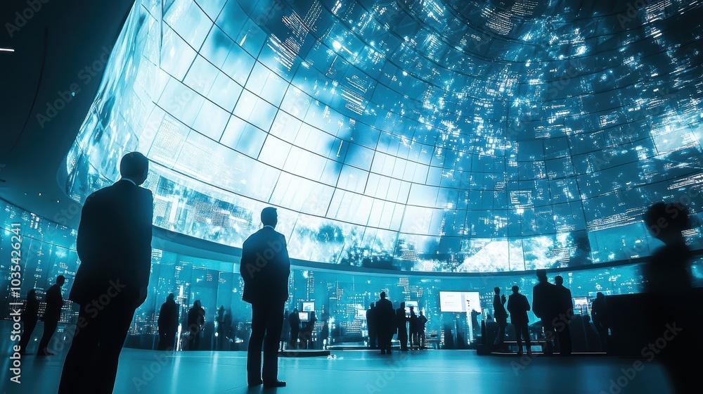 Silhouettes of people facing large screen displaying city. Silhouettes of people facing large screen displaying city.