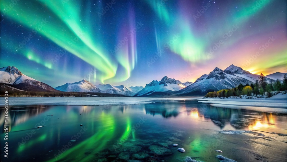 Low angle view of Aurora borealis over frozen lake with mountains in background, showcasing polar lights peace and grandeur Low angle view of Aurora borealis over frozen lake with mountains in background, showcasing polar lights peace and grandeur