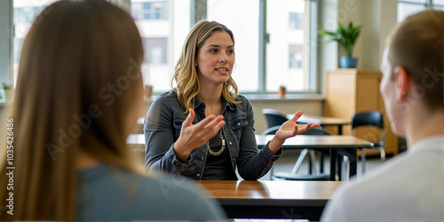 School counselor talks to pupil or student about the semester and further steps in studies, advice, help and orientation at school and in studies