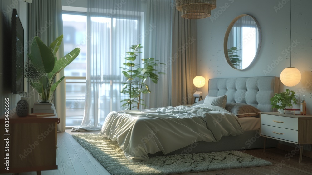 An urban comfort haven Scandinavian bedroom with a double bed a sleek headboard An urban comfort haven Scandinavian bedroom with a double bed a sleek headboard