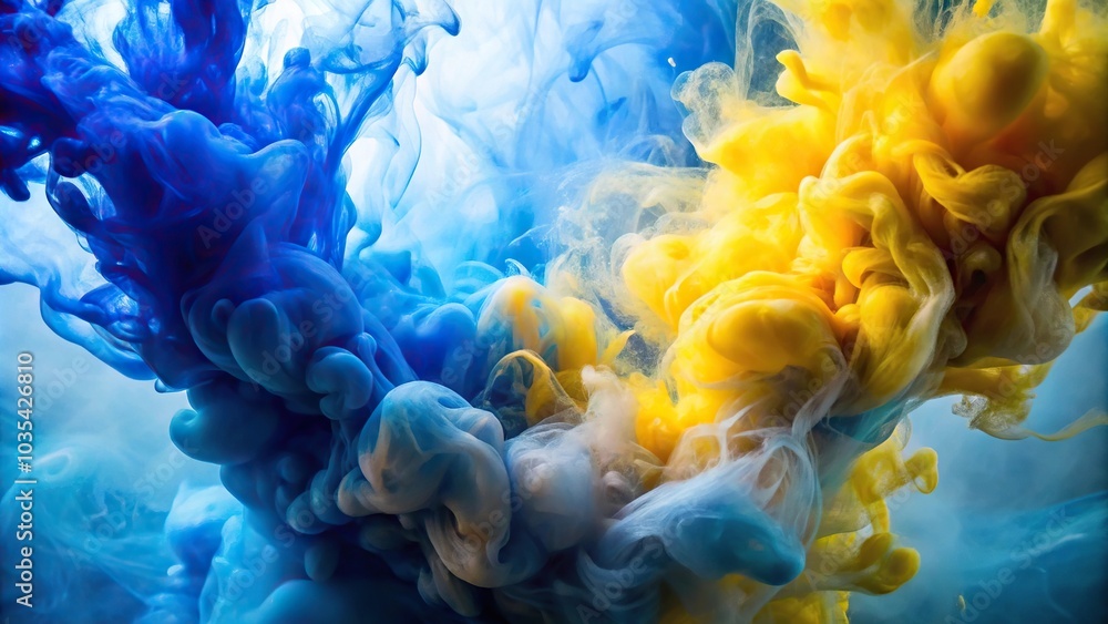 Fototapeta premium Low angle view of blue and yellow ink clouds blending in water abstract background