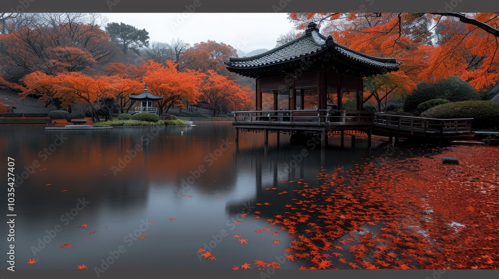 Fototapeta premium A traditional Japanese garden in autumn, vibrant red and orange maple leaves covering the ground, a small wooden pavilion by a pond.