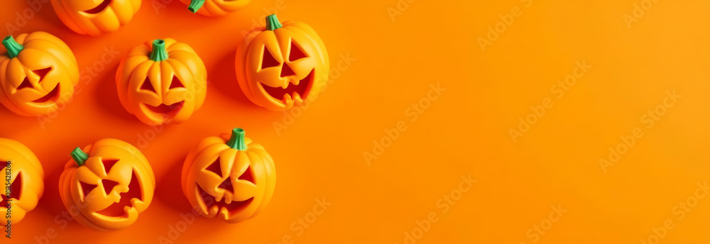 Halloween banner showcases candy shaped like pumpkins with carved eyes and mouths, resembling mini Jack-o'-lanterns. The bright orange background adds warmth and a festive vibe. Space for text Halloween banner showcases candy shaped like pumpkins with carved eyes and mouths, resembling mini Jack-o'-lanterns. The bright orange background adds warmth and a festive vibe. Space for text
