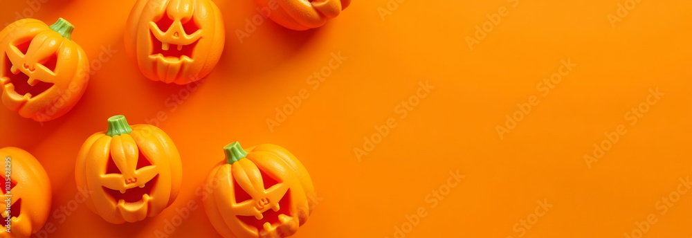 Halloween banner showcases candy shaped like pumpkins with carved eyes and mouths, resembling mini Jack-o'-lanterns. The bright orange background adds warmth and a festive vibe. Space for text Halloween banner showcases candy shaped like pumpkins with carved eyes and mouths, resembling mini Jack-o'-lanterns. The bright orange background adds warmth and a festive vibe. Space for text