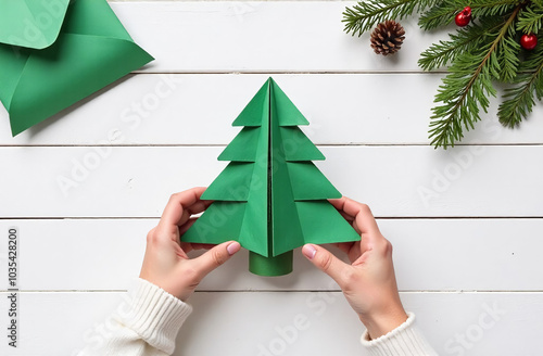 Top-down view of a woman’s hands in a cozy white wool sweater, folding a green paper into an origami Christmas tree on a white wooden table. The image captures a creative and festive atmosphere photo