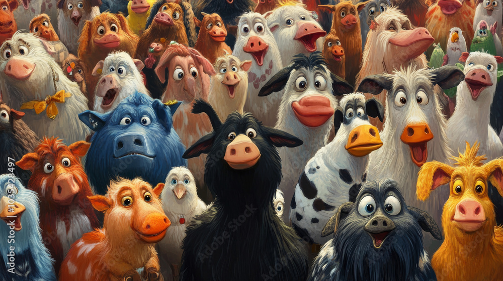 A large group of various farm animals gathered together.
A large group of various farm animals gathered together.