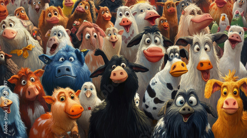 A large group of various farm animals gathered together.