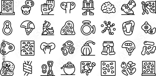 Bouldering gym icons set. Set of vector icons representing a climber training on a climbing wall, using professional equipment