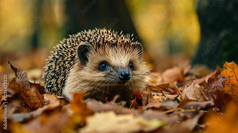 A hedgehog walks through a forest on a crisp autumn day A hedgehog walks through a forest on a crisp autumn day