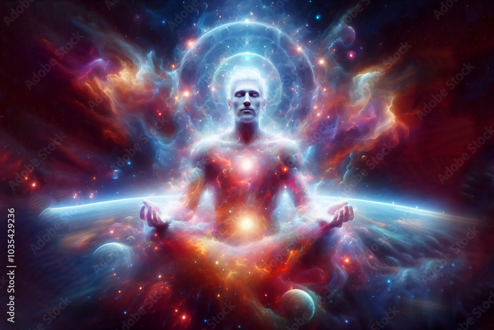 Cosmic meditation, man in lotus position in zen state, concentration, buddhism, state of peace, yoga Cosmic meditation, man in lotus position in zen state, concentration, buddhism, state of peace, yoga