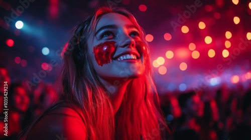 A young woman with red face paint smiles brightly as she enjoys the concert atmosphere filled with colorful lights and enthusiastic fans around her.