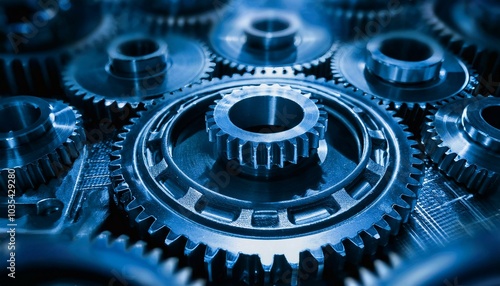 Interlocking Gears: A close-up shot of intricate metal gears meshing together, symbolizing the interconnectedness and efficiency of a well-oiled machine. The blue tones evoke a sense of precision.