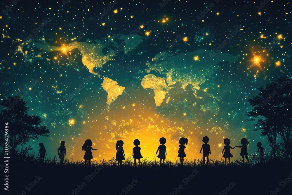 Children holding hands and looking at glowing earth in starry night sky Children holding hands and looking at glowing earth in starry night sky