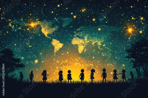 Children holding hands and looking at glowing earth in starry night sky